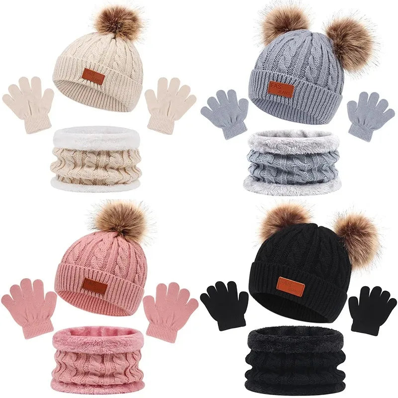 Baby Winter Hat Scarf Gloves Set Knitted Fur