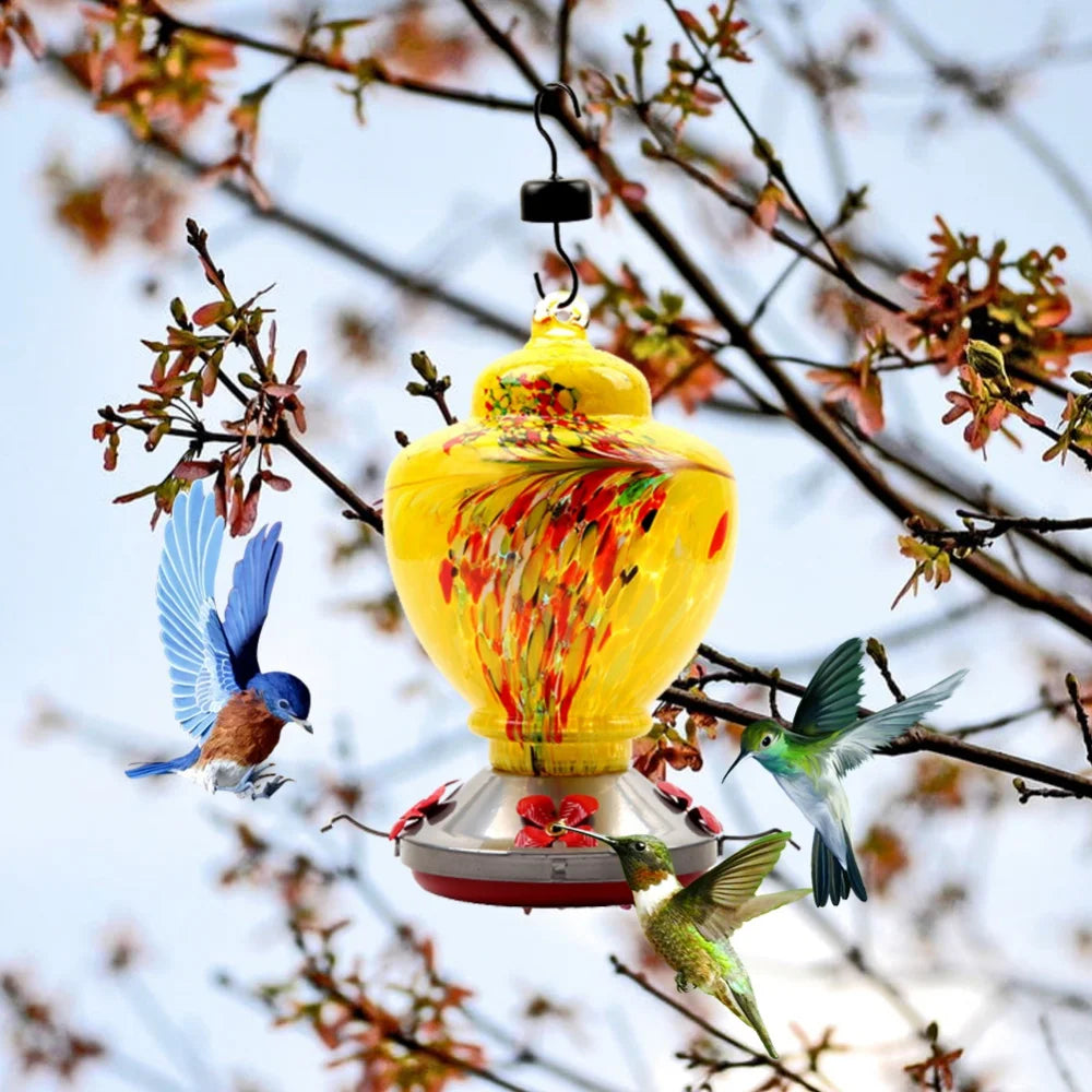 Hummingbird Feeder for Outdoors Hanging Hand Blown Glass