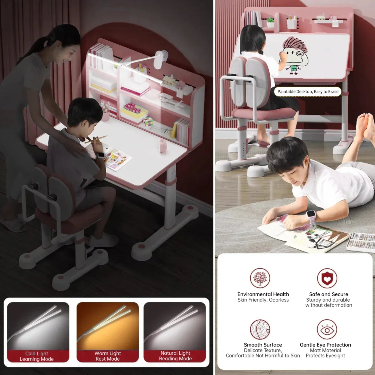 Kids Study Desk and Chair Set, Height Adjustable