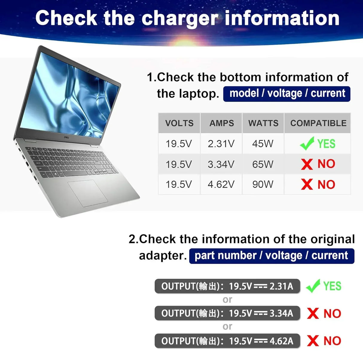 19.5V 2.31A 45W 4.5mm*3.0mm Laptop Ac Adapter Charger