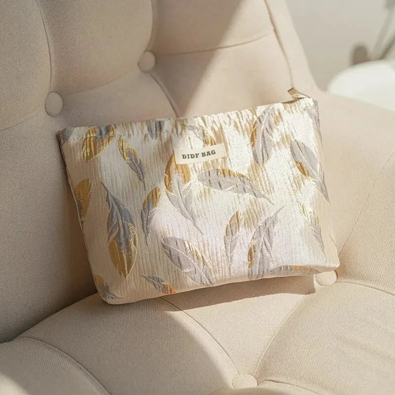 Women's Makeup Bag Green Gold Flowers Large Capacity