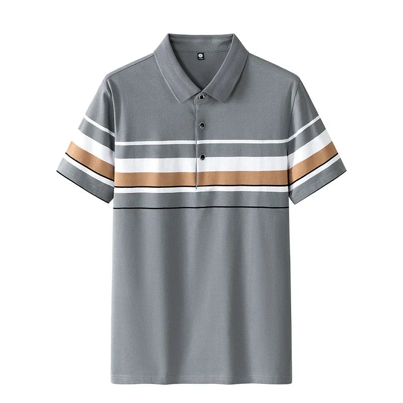 Mens Summer Pullover Solid Turndown Collar Striped Button