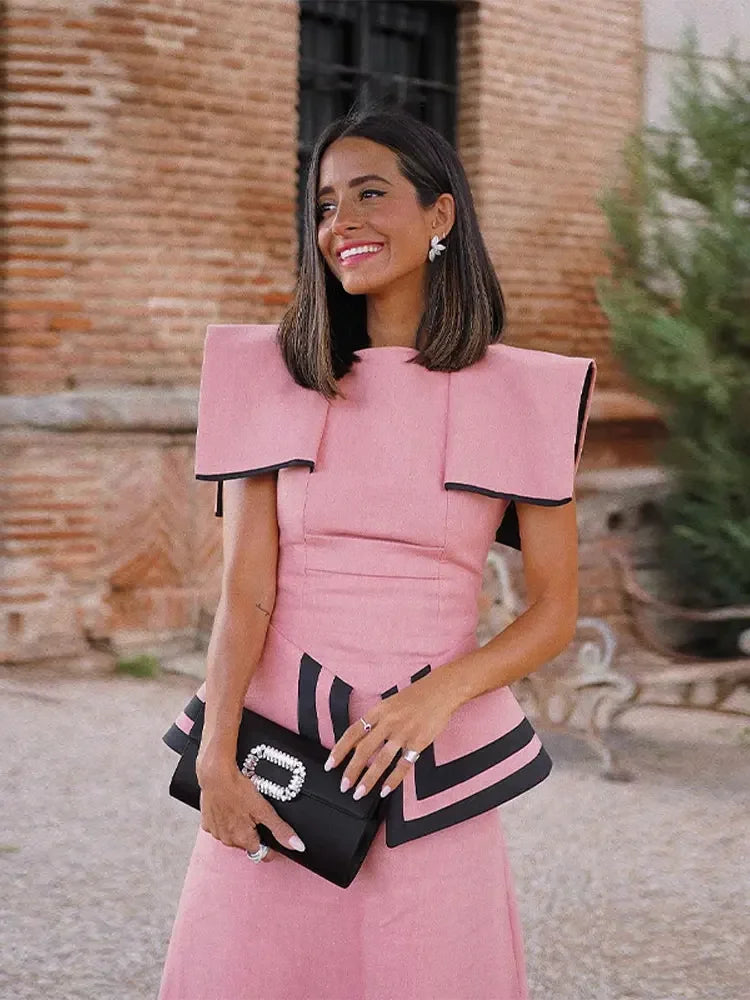 Pink Contrasting Colors Patchwork Fly Sleeve Midi Dress