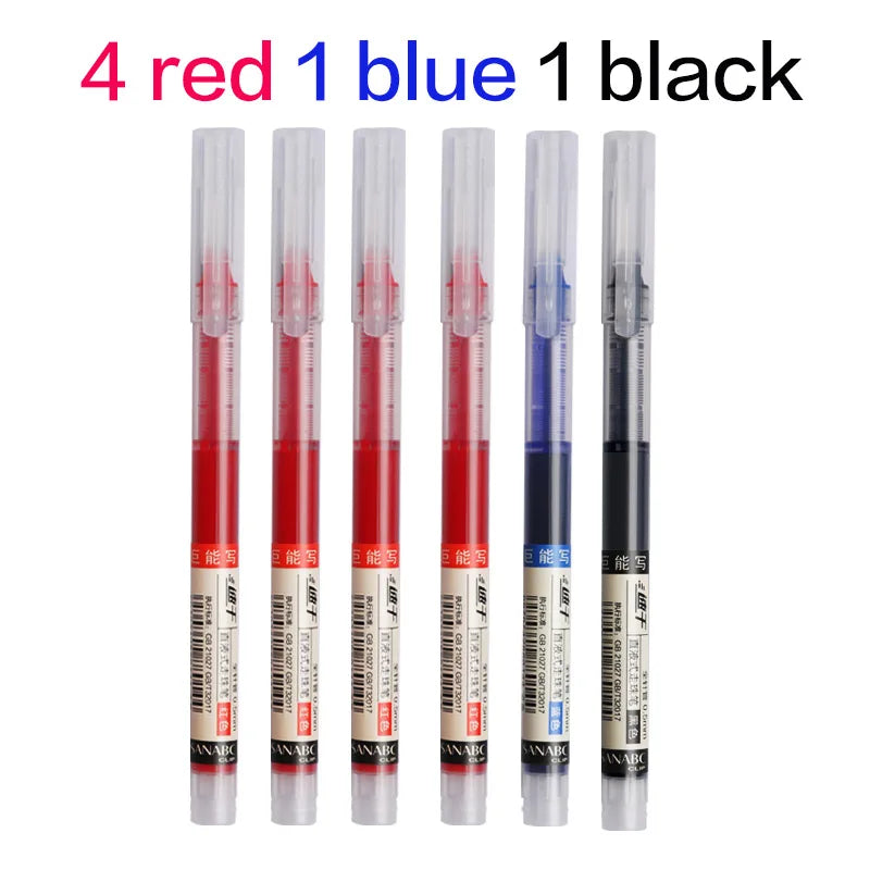 6Pcs/Set Quick-Drying 0.5mm Roller Pen High Capacity Black/Red/Blue