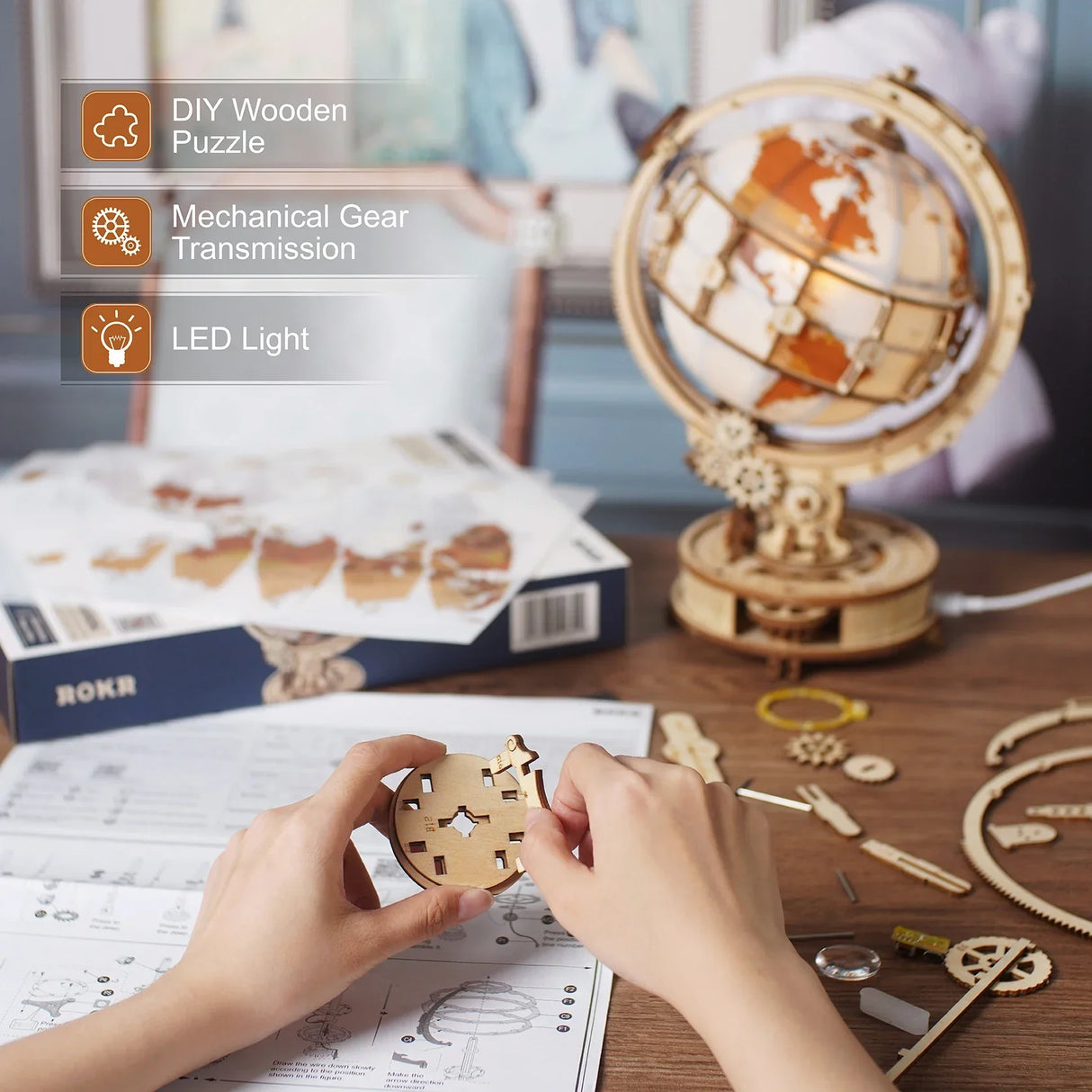 Wooden Globe Lamp 3D Puzzle Games Birthday Gift