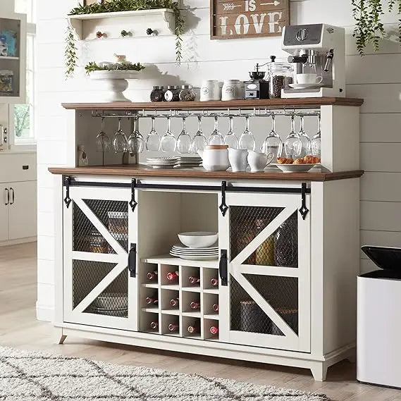 OKD Farmhouse Coffee Bar Cabinet with LED Lights,