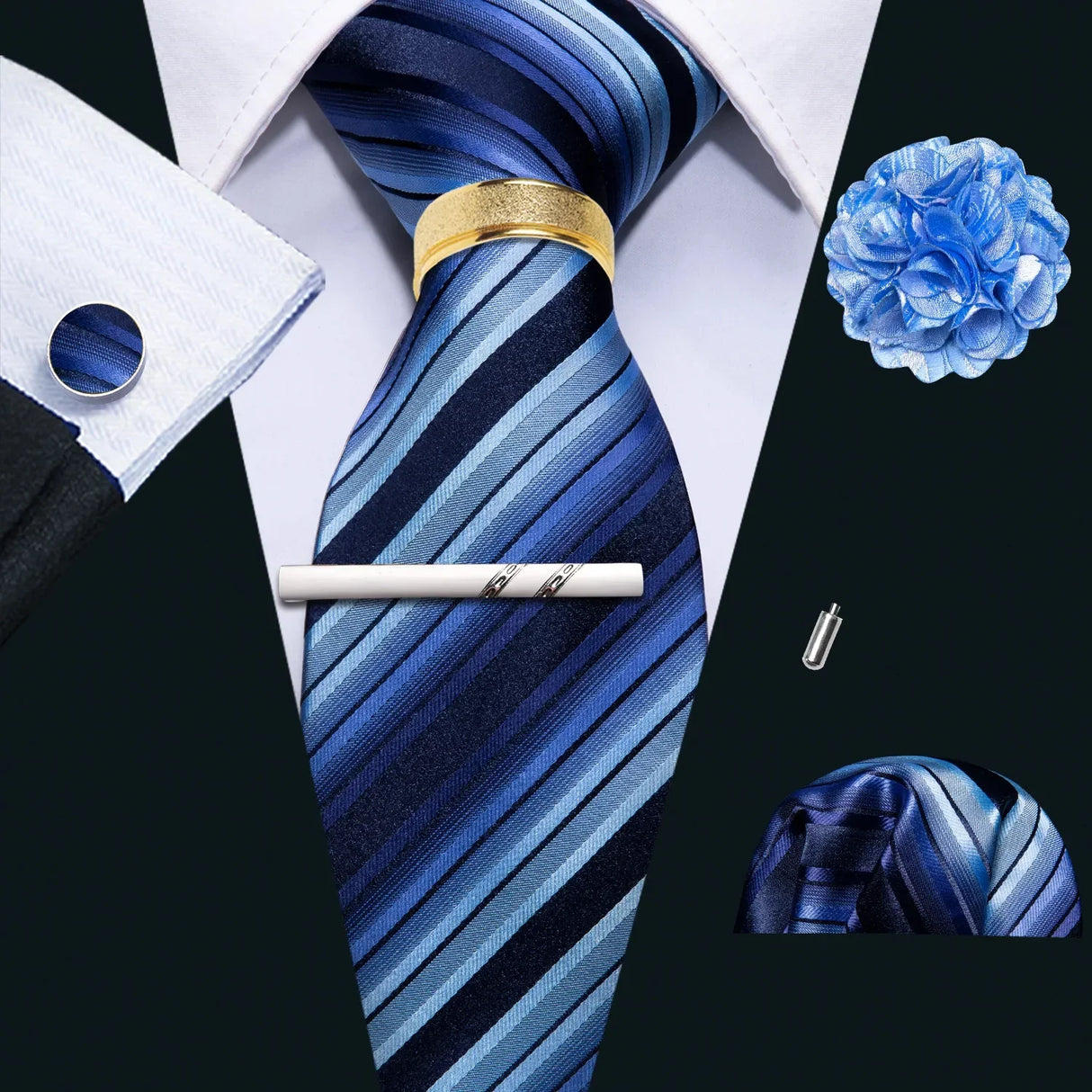 Barry.Wang Silk Mens Tie Hanky Cufflinks Clip Brooch