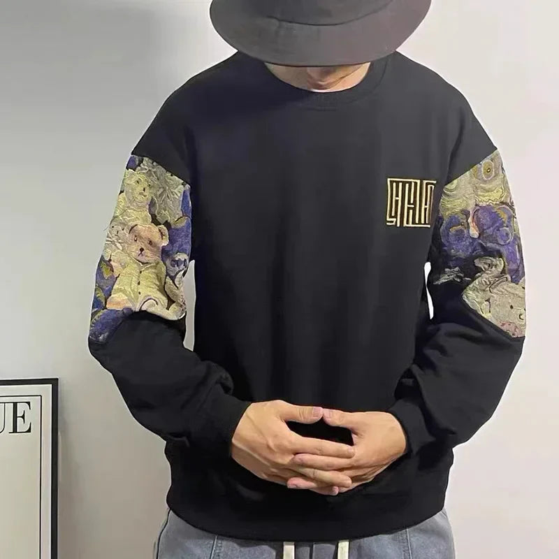 Oversized Men's Sweatshirts Korean Style Embroidered Sleeves Design