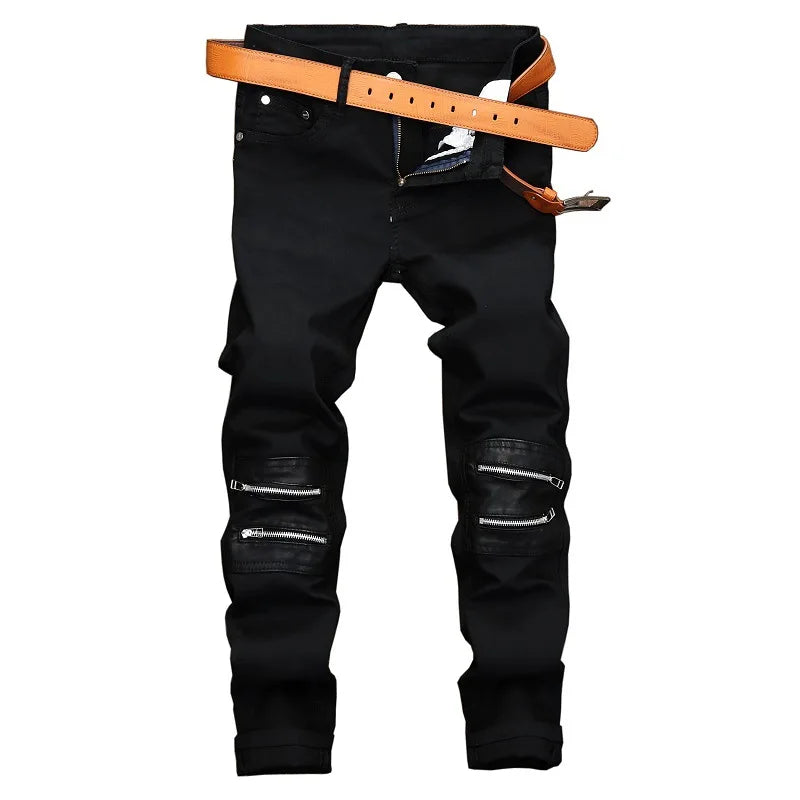 Men Jeans Knee Hole Design Denim Pants Black
