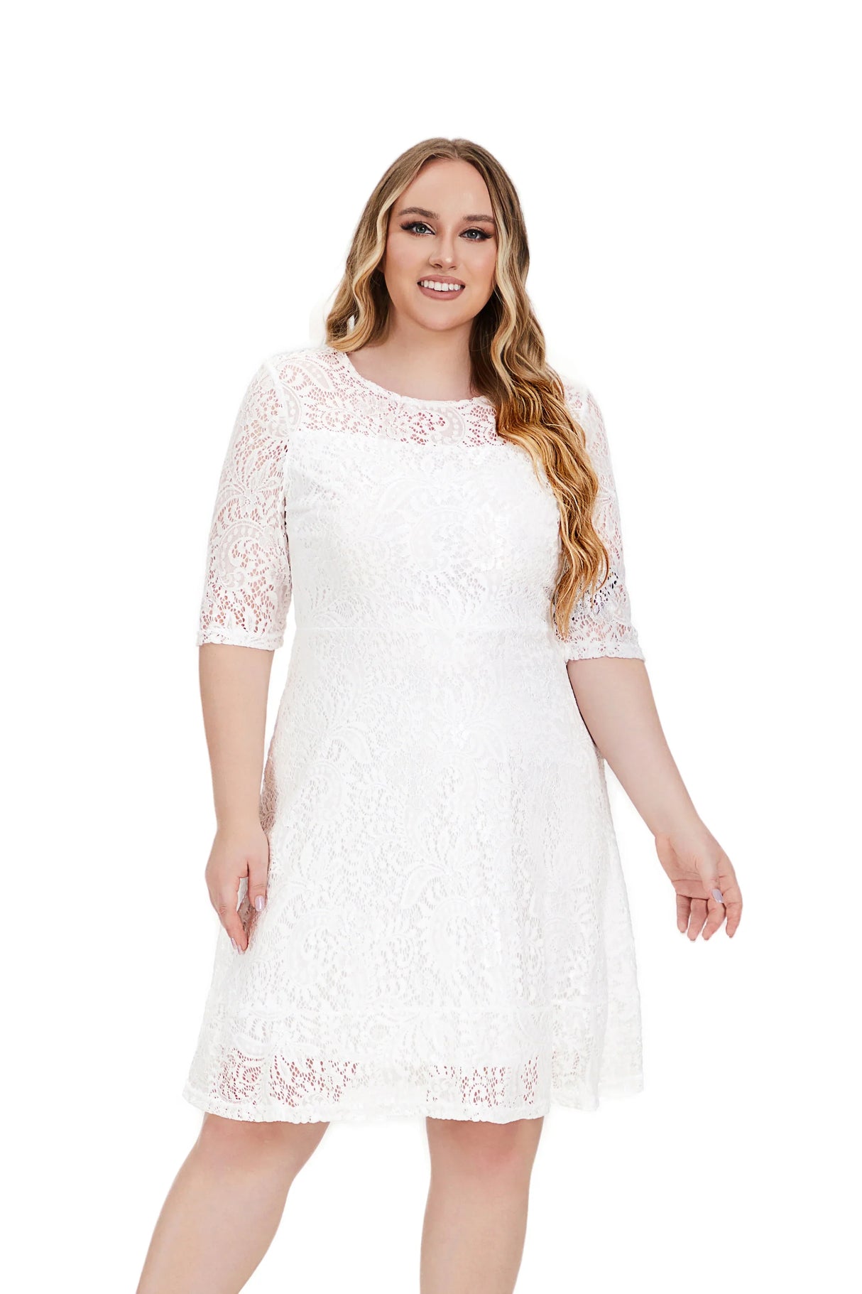 Plus Size Contrast Lace Semi Sheer 3/4 Sleeve