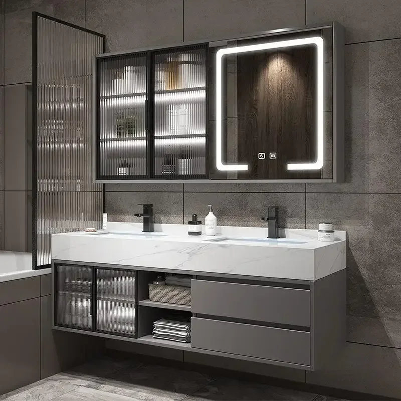 Luxury Bathroom Mirror Cabinet Double Basin Slate Integrated