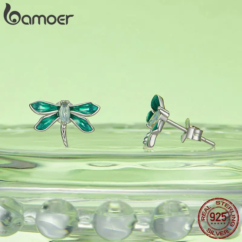 Bamoer 925 Sterling Silver Green Dragonfly Stud Earrings