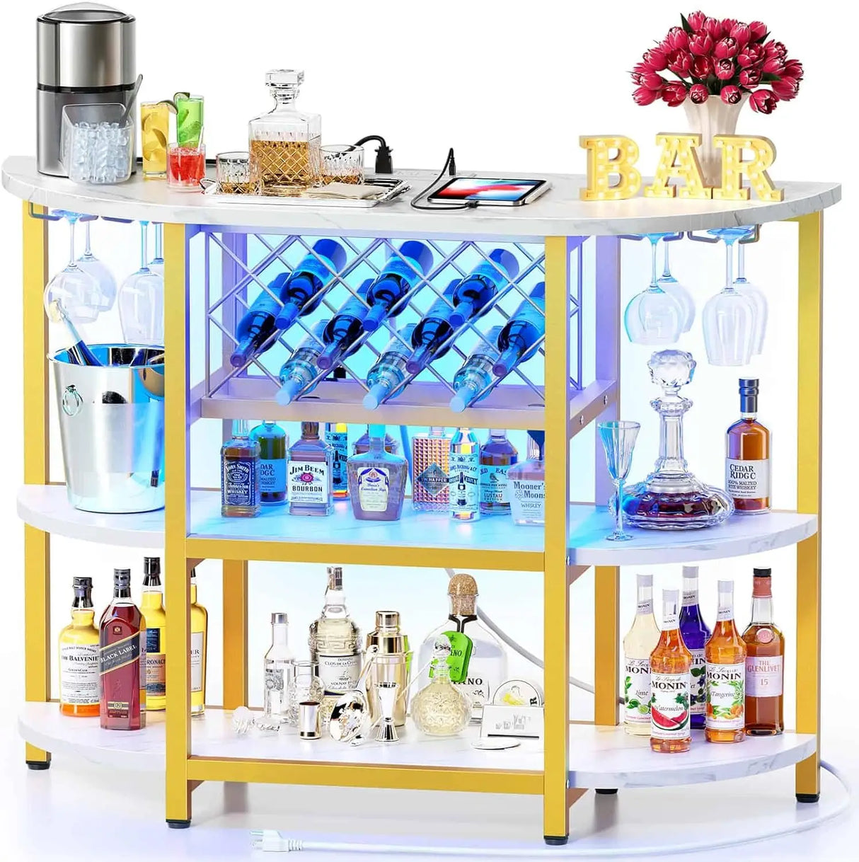 Bar Table Cabinet with Power Outlet, LED Home