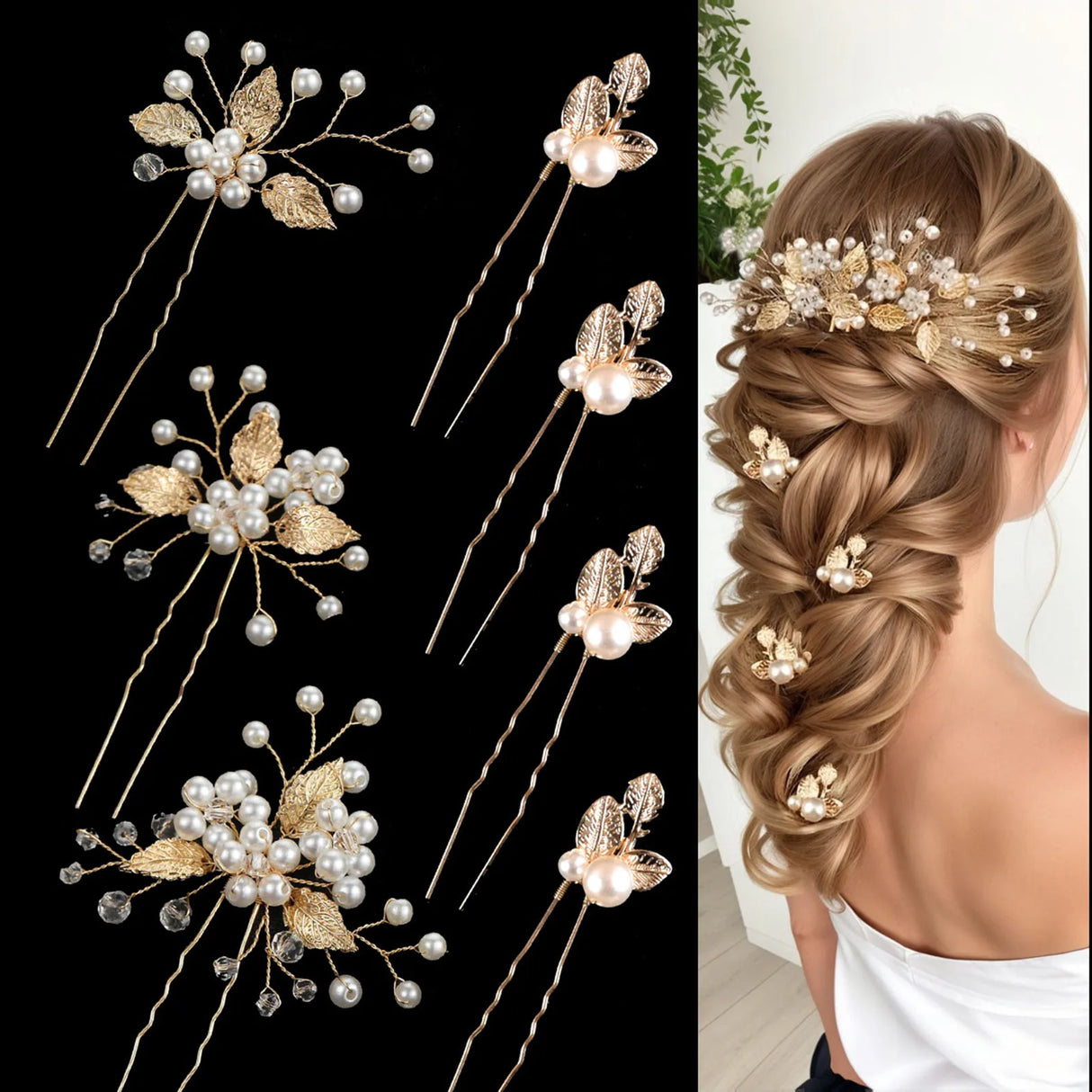 Pearl Flower Hairpin Side Comb Golden Leaf Shaped