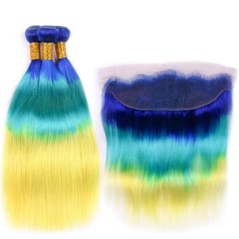 Elfriede BlueGreenYellow Straight Ombre Colored Hair Bundles with