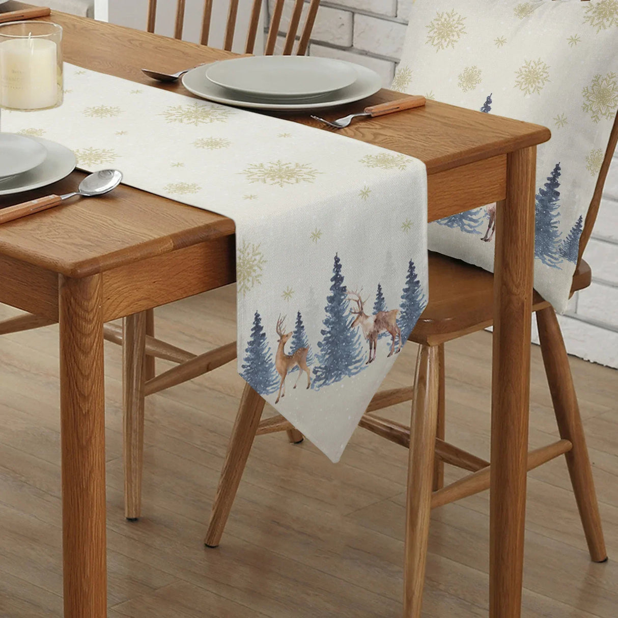 Christmas Snowflake Elk Linen Stain Resistant Table Runner