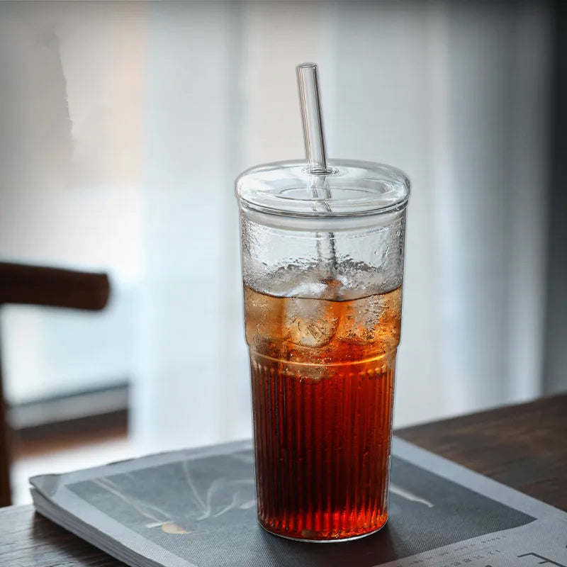 600ml Ins Stripe Glass Cup With Lid and
