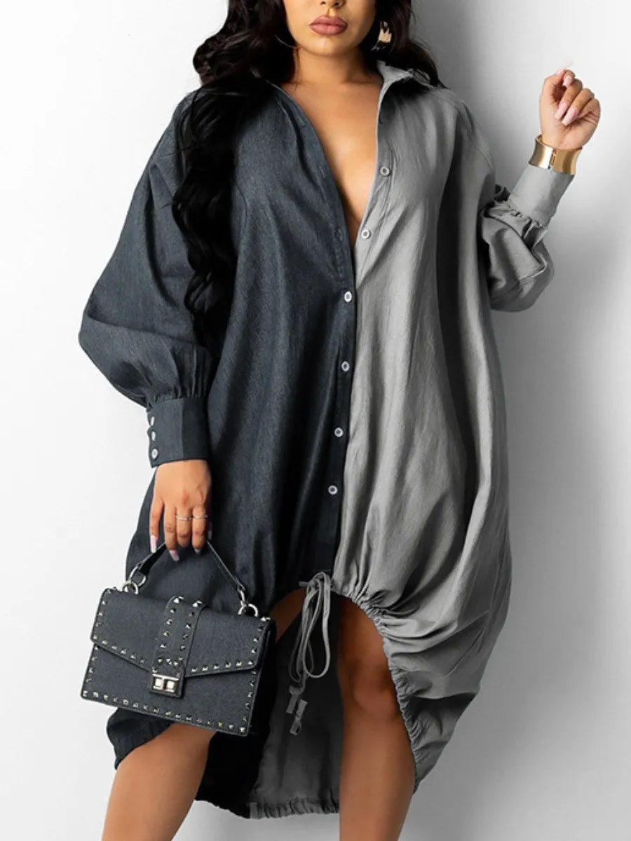 Plus Size dresses Drawstring Patchwork Shirt Dress Fashion