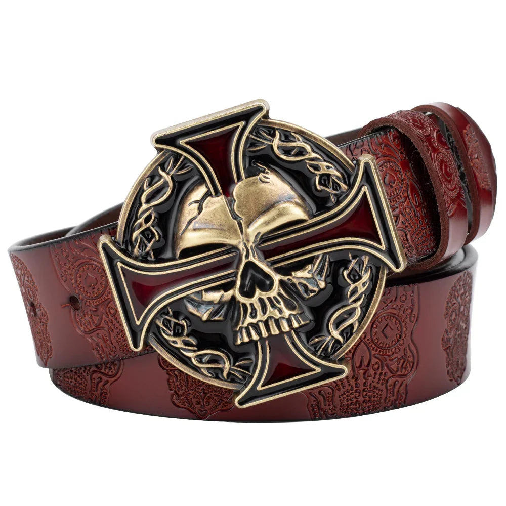 Skull Leather Belt Embossed Pattern Cowskin Fashion Buckle