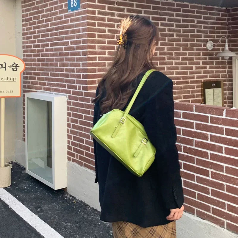 Women Top-handle Bags Spring New Green Leather Shoulder