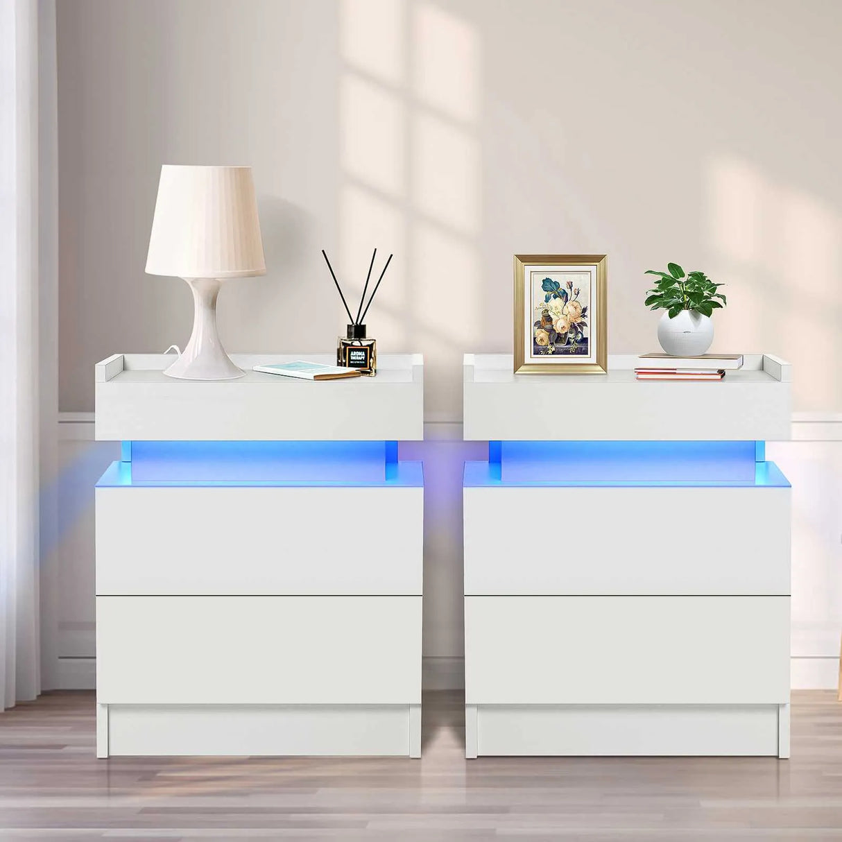 White LED Nightstand LED Bedside Table with High