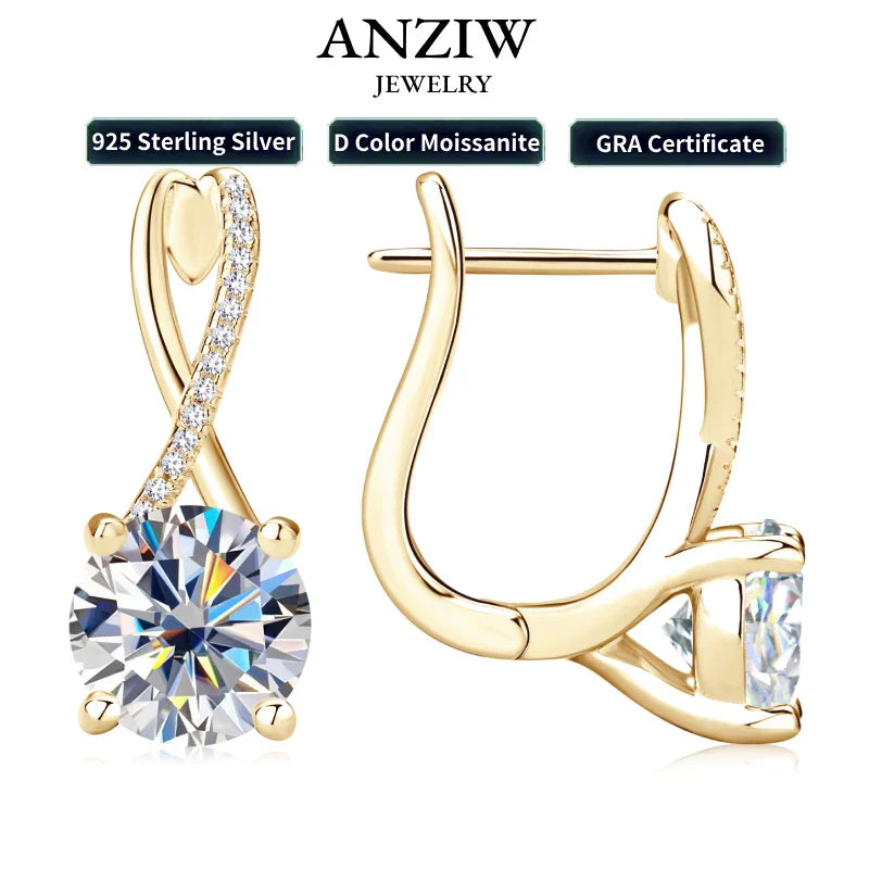 Anziw D2.0CT Moissanite Drop Huggie Earrings Real 925