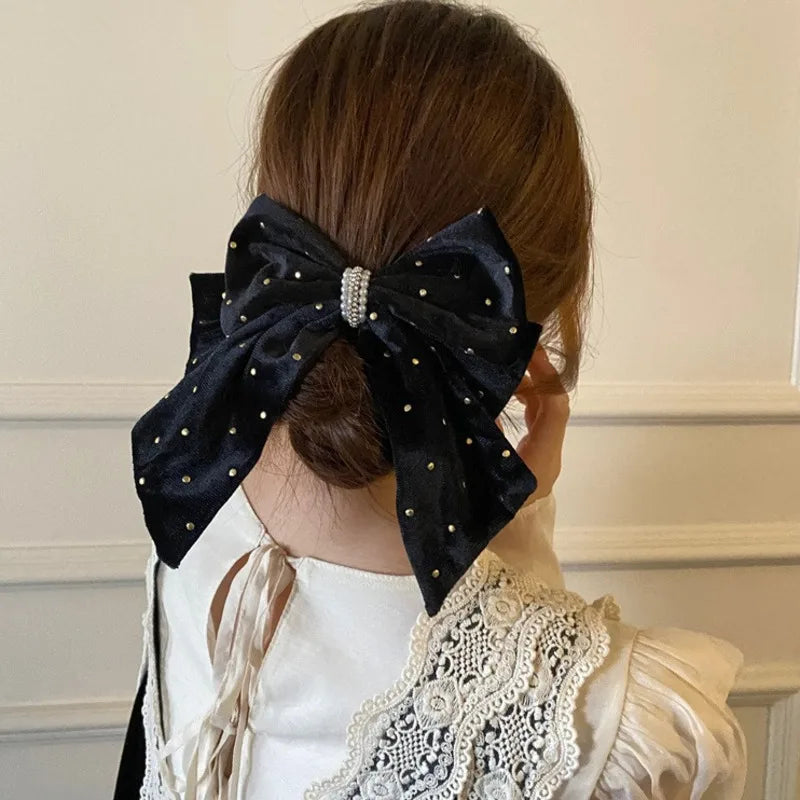 New Retro Flocking Bowknot Hair Clips Trendy Black