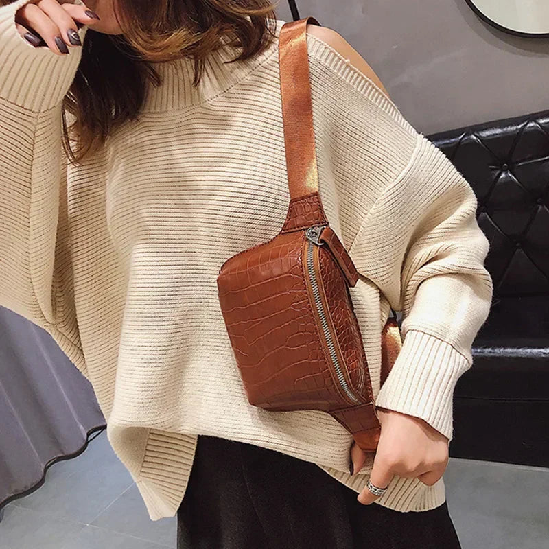 Women's Waist Bag Leather Fanny Pack Zipper Crocodile