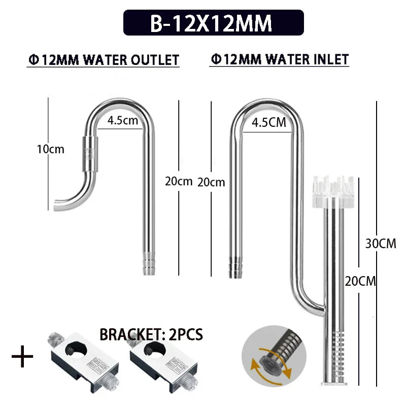 Aquarium 12/16mm stainless steel lily tube, inlet and