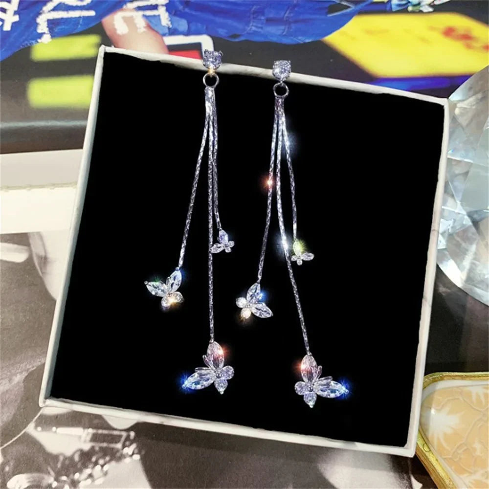 Korean Fashion Zircon Butterfly Tassel Earrings Trendy Crystal