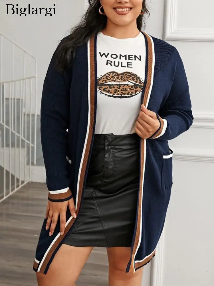 Plus Size Knitted Autumn Winter Striped Print Cardigan