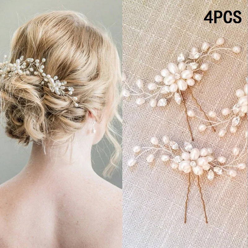 Pearl Flower Hairpin Side Comb Golden Leaf Shaped