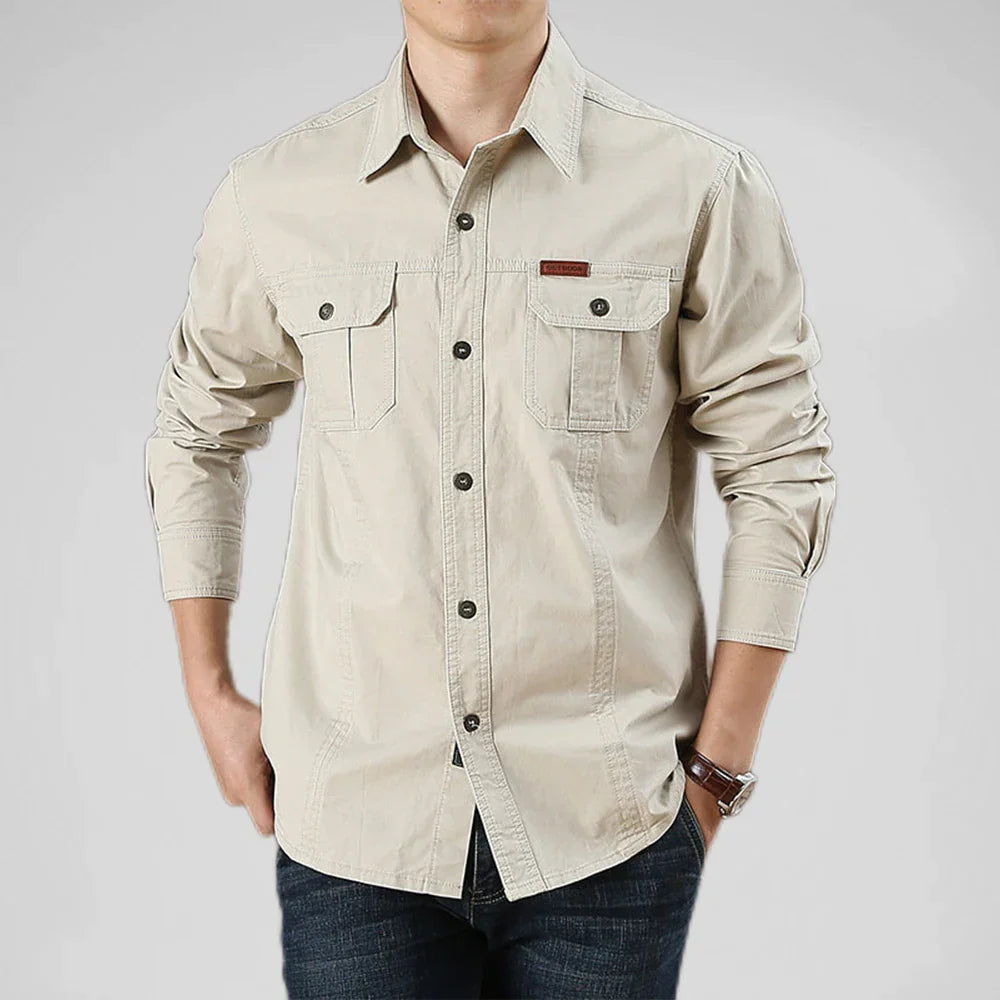 100% Cotton Men's Shirt Solid Color Multi-Pocket High