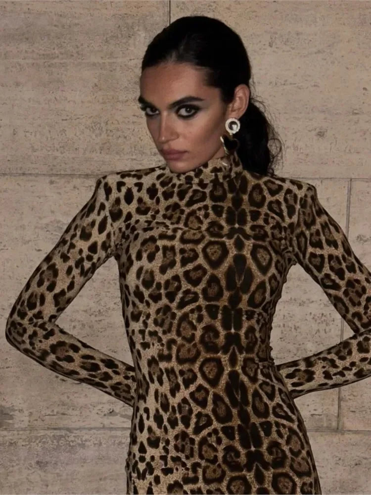 Sexy Leopard Print Dress Women Long Sleeve Turtleneck