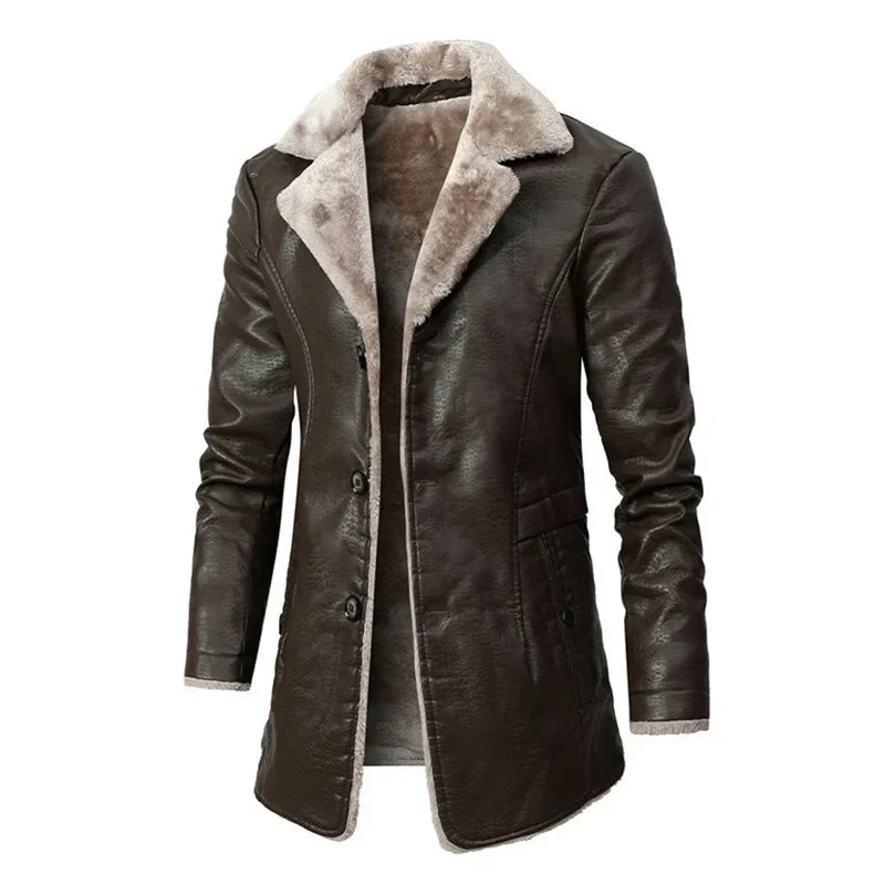 Men Winter Long Thick Fleece PU Leather Jacket