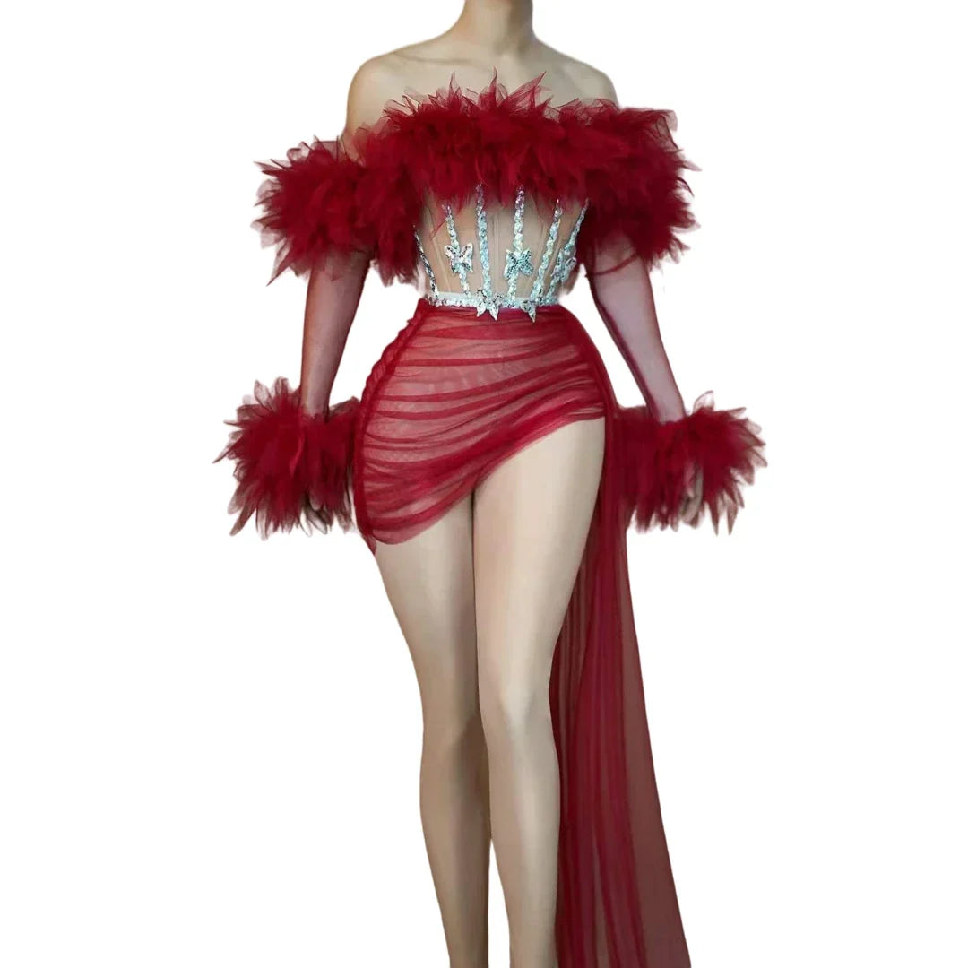 Red Mesh Sequins 2 Pcs Set Dress Cheerleading