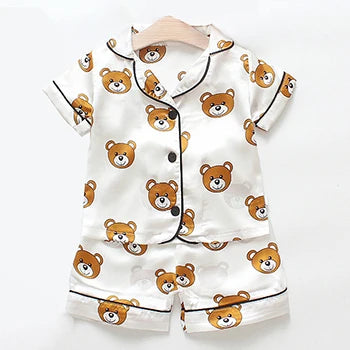 Toddler Girls Silk Satin Pajamas Sets Cartoon Kids