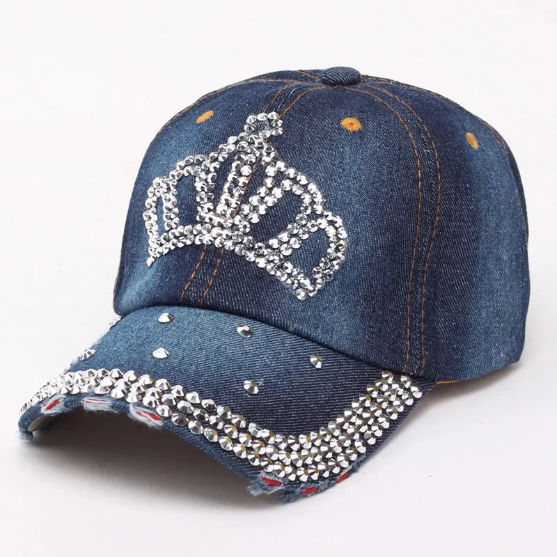 Women Bling Tiara Distressed Denim Baseball Cap Rhinestones