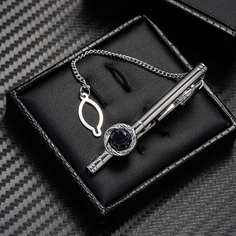 Silver Color Starry Sky Stone Cufflinks Tie Clip