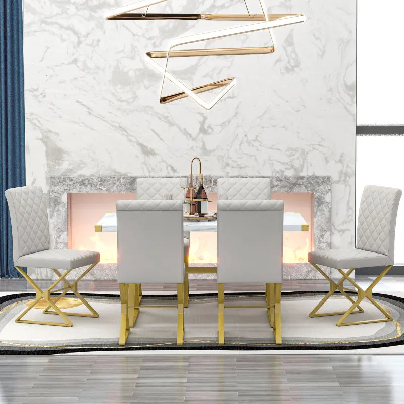 White 7-Piece Modern Dining Table Set, Rectangular Marble