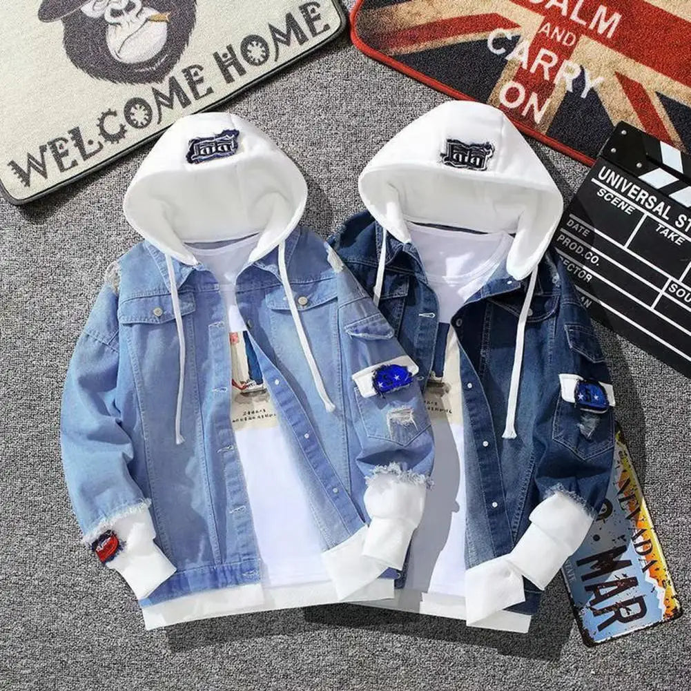Men Light Blue Winter Jean Jackets Hooded Casual