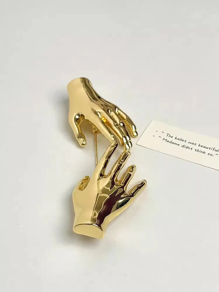 Vintage Metal Smooth Double Palm Handshaped Large Broochs