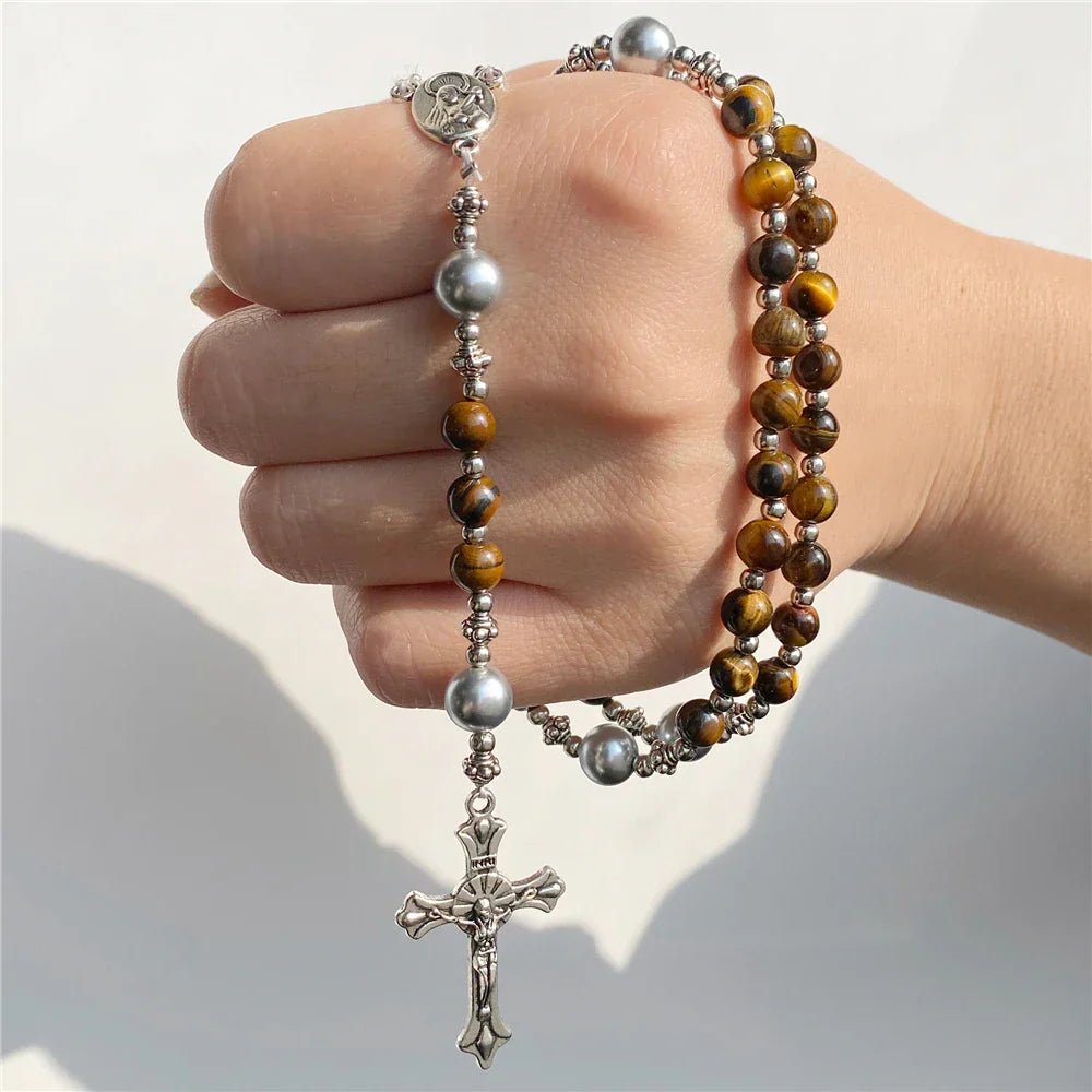 Natural Labradorite Tiger Eye Stone Bracelet Catholic Christ