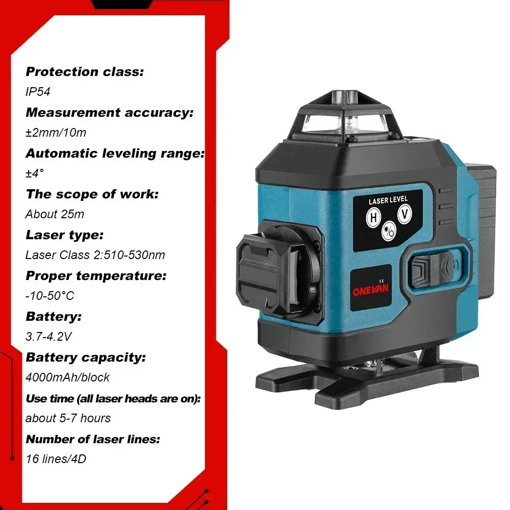 ONEVAN 4D 16 Line Laser Level 2x4000mah Battery