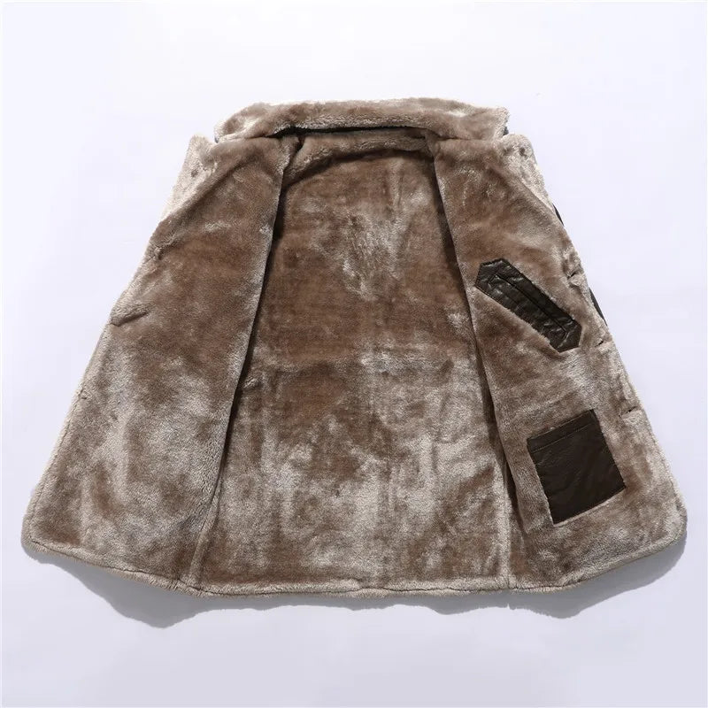 Men Winter Long Thick Fleece PU Leather Jacket