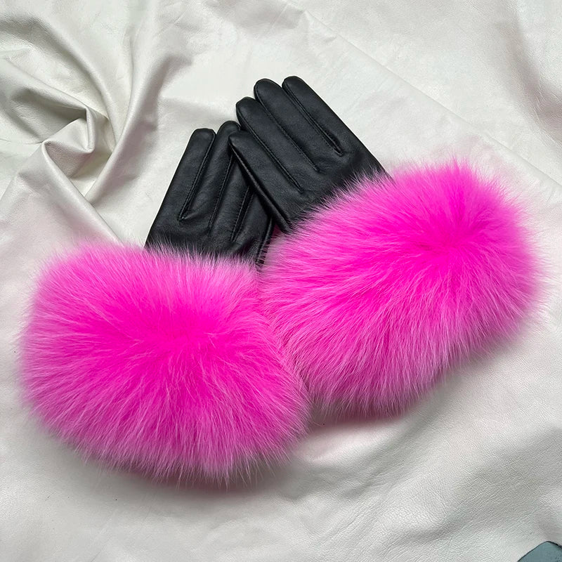 Real Sheepskin Fox Fur Gloves Women's Genuine Leather