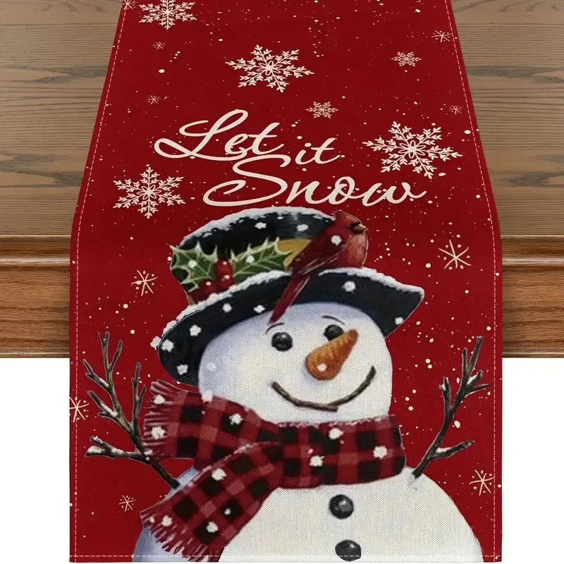 Linen Christmas Table Runner Snowman Xmas Tree Home