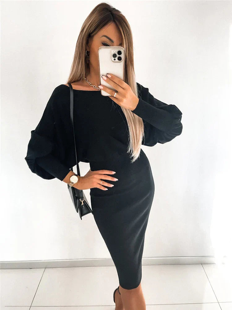 Women Autumn Winter Knitted Party Midi Dress Solid