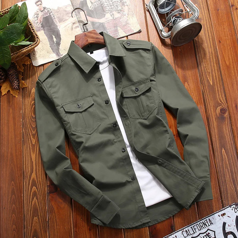 Men's Shirts Military Casual Shirt Cotton Khaki Retro