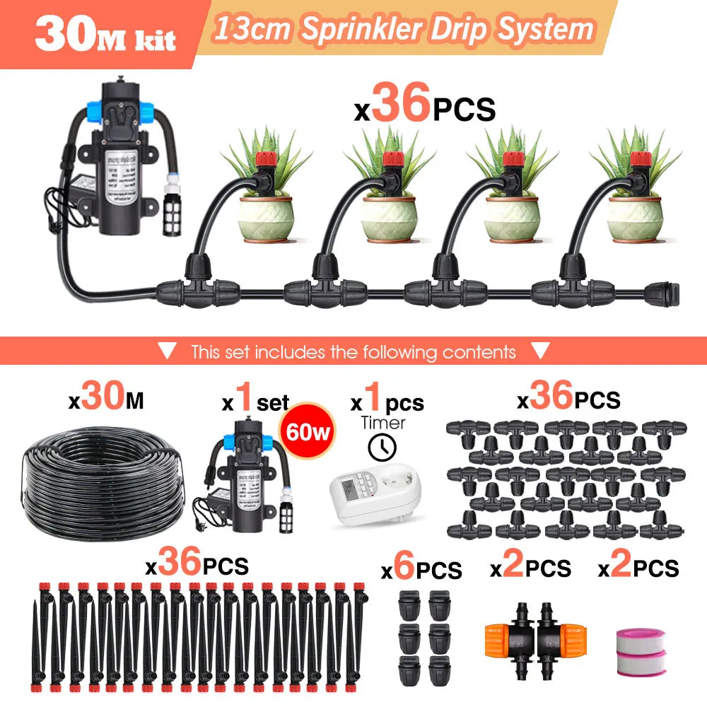 50-5M Garden Drip Irrigation System with Pump & Sprinklers